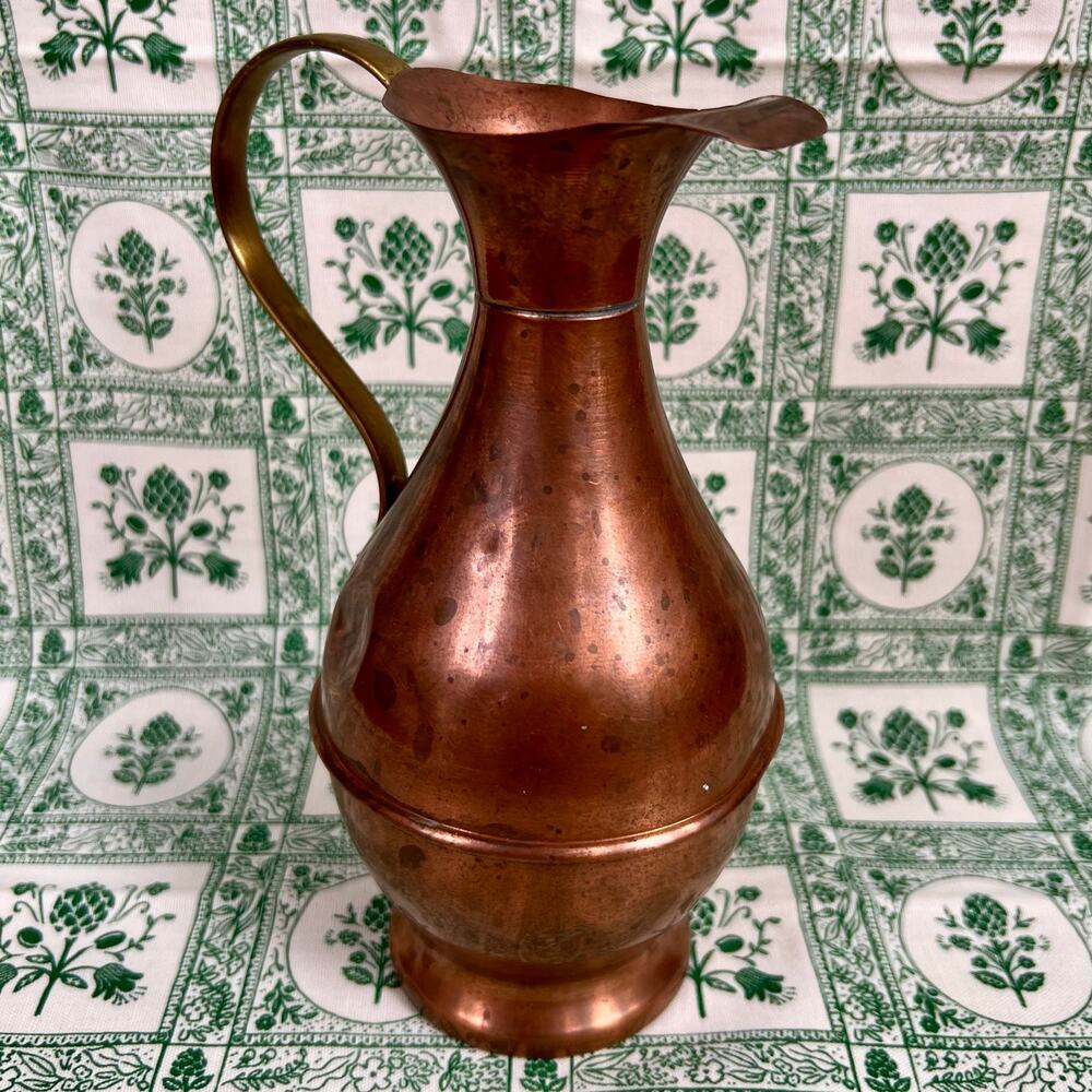 Vintage 50s Copper Pitcher Jug Brass Handle Rustic Country Decor - Picture 5 of 10